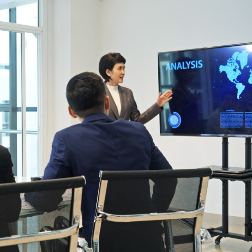 Woman giving presentation in office pointing to TV with a world map