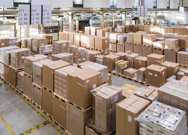 Rows of pallets containing large boxes